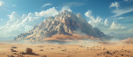 Photorealistic image of a desert mountain, fantasy setting with scattered big rocks on dry land ,super realistic,clean sharp focus