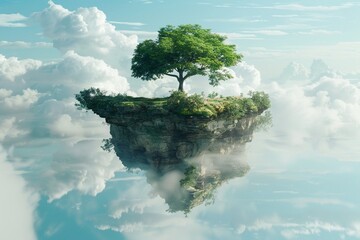 Photorealistic image of a floating island, random dreamlike perspectives, bright sky background ,3DCG,clean sharp focus - obrazy, fototapety, plakaty