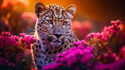 Cute, beautiful leopard in a field with flowers in nature, in sunny pink rays. - obrazy, fototapety, plakaty
