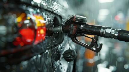 Gasoline pump nozzle in gas station, close-up. - obrazy, fototapety, plakaty