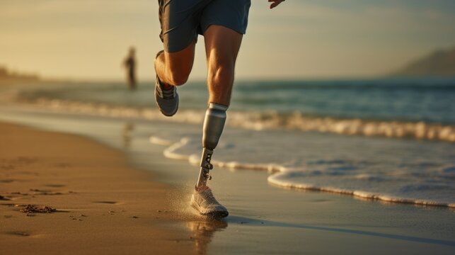 A man with a prosthetic leg runs on the beach