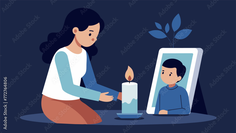 Poster a child lighting a candle and placing it by a photo of a deceased loved one demonstrating how religi