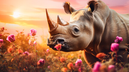 Cute, beautiful rhinoceros in a field with flowers in nature, in sunny pink rays. - obrazy, fototapety, plakaty