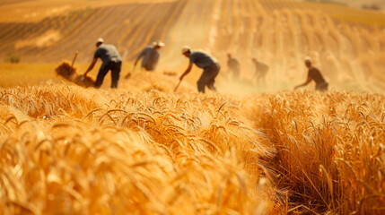 A group of workers harvesting wheat in the field, with golden hues highlighting the expanse of the...