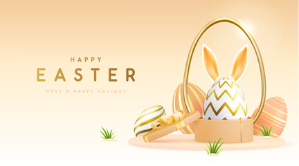 Happy Easter holiday background with gift box and Easter egg with rabbit ears. Vector illustration - 772765022
