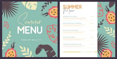 Retro summer restaurant menu design with tropic leaves pattern and pitahaya. Vector illustration - 772765234