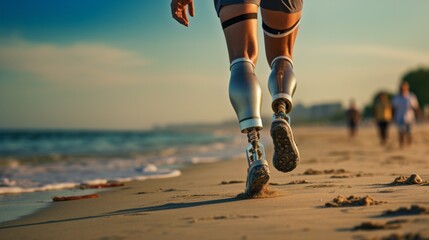 A man with prosthetic legs runs on the beach