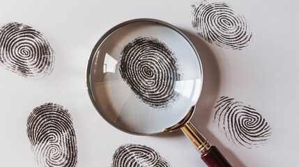 Fingerprints and a magnifying glass on a white background