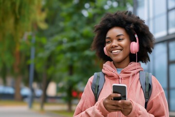 Fototapeta na wymiar African young woman is listening to music on smartphone with headphones outdoors