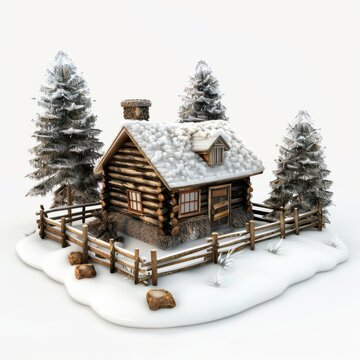 3D Render of a rustic log cabin mini house in a snowy landscape, on isolated white background, Generative AI