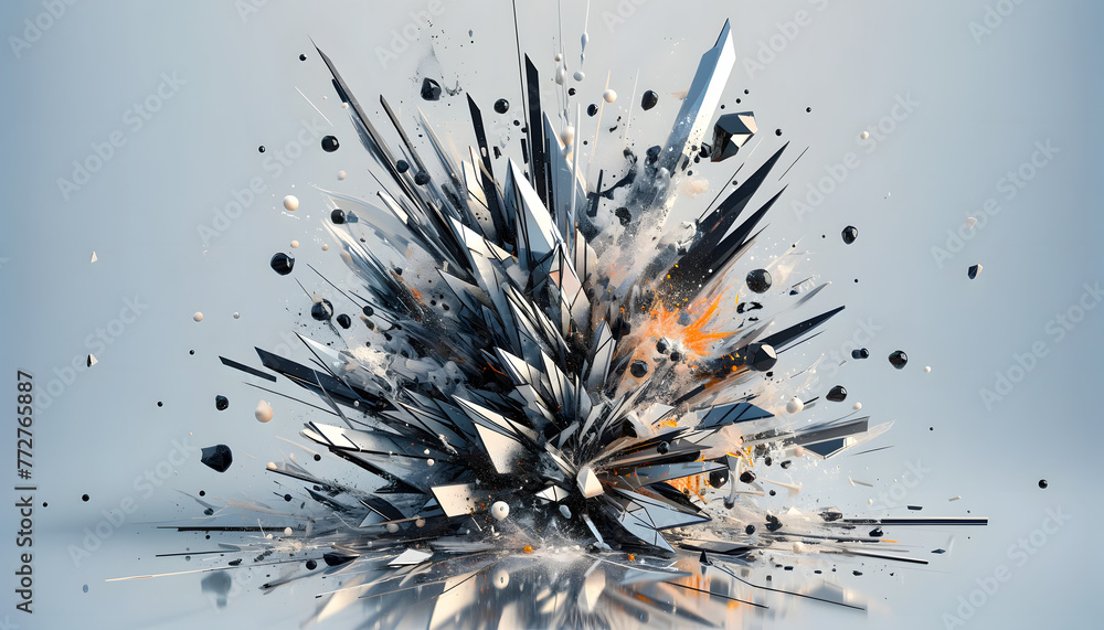 Poster an intricate and dynamic composition featuring sharp shards of mirror-like glass bursting from the c