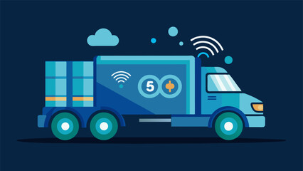 Closeup of a driverless electric truck carrying a load of materials with a glowing 5G icon denoting the constant flow of realtime data between