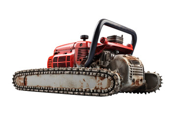 Crimson Fury: Intimidating Black and Red Chainsaw Against a White Canvas. On a Clear PNG or White Background.