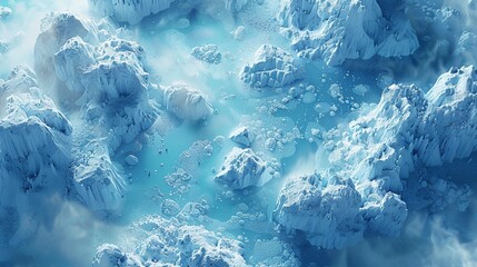 Dreamlike aerial perspective of a photorealistic glacier, global imagery with a bright background ,3DCG,clean sharp focus