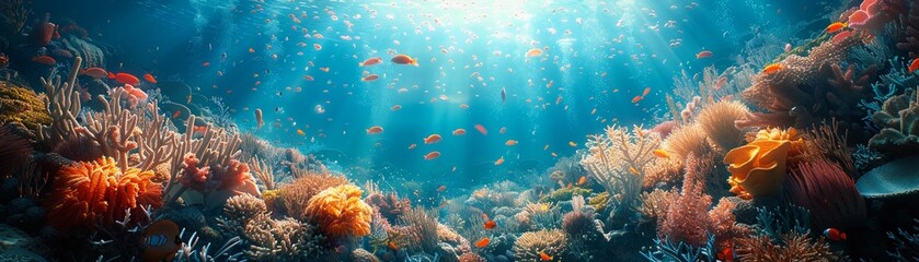 Fototapeta na wymiar Dreamlike perspective of an underwater city, photorealistic image, bright aquatic background ,3DCG,high resulution