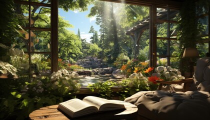 An individual reading a book in a peaceful garden