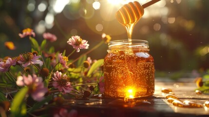 Jar of honey with flowers at sunset - obrazy, fototapety, plakaty