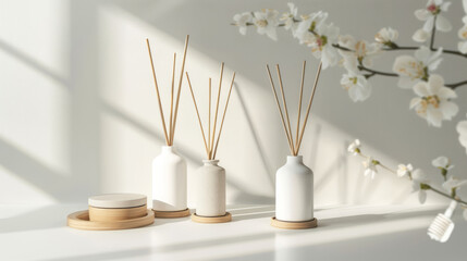 An array of three modern reed diffusers on a clean surface with blooming orchids accentuating a simple style with a blank label - obrazy, fototapety, plakaty
