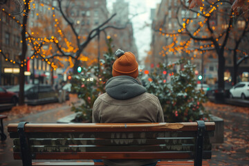 Man sitting on bench in city, one person, adult, tree - obrazy, fototapety, plakaty