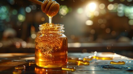 Honey dripping from a wooden honey dipper into a glass jar on a blurred background - obrazy, fototapety, plakaty