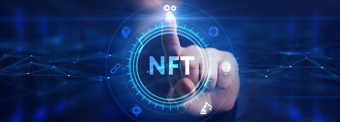 NFT Non-fungible token digital crypto on virtual screen.
