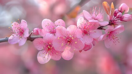   A close-up of a pink flower on a tree branch surrounded by pink flowers in the foreground, with a slightly blurry background