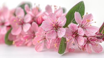   Pink flowers on white table with green plant on white surface