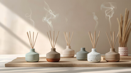 Row of pastel-colored aromatherapy diffusers with serene smoke on a muted background with a blank label
