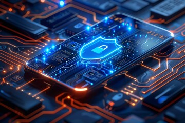 Explore the visual language of cybersecurity through a dynamic representation of a smartphone with a shield icon