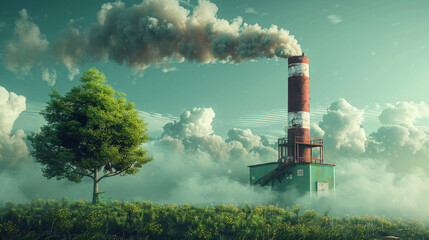 Illustrate the struggle for sustainability through a visual narrative of a vibrant green plant and an industrial chimney emitting CO2 - obrazy, fototapety, plakaty