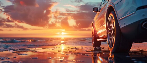 Luxury SUV car in front of stunning sunset at sea, on concrete pathway - obrazy, fototapety, plakaty