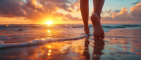 Low angle of girls feet walking along beach, sunset background, peaceful stroll