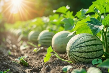 Melon beds in garden, fruit and soil clarity, enriched by warm sunlight