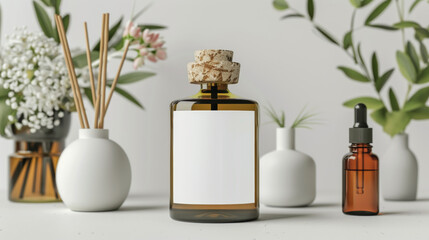 A transparent essential oil bottle with a blank label, among floral decor on a neutral background