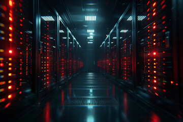 Modern server racks in dark data center room, enhanced by dramatic VFX - obrazy, fototapety, plakaty