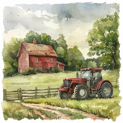 Watercolor painting clipart, farmhouse with tractor, tranquil country setting