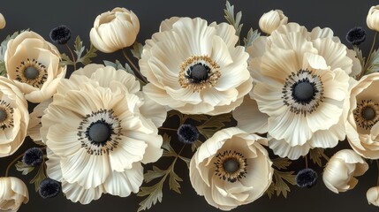   A close-up of a bouquet of diverse flowers against a black backdrop, with white and black petals filling the center