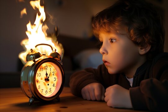 child looking curiously at a burning alarm clock