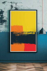 A bold abstract painting in vibrant yellow, orange, and black dominates the image with a blank label and contrasts with the cool blue wall of the interior
