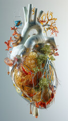 Highly detailed human heart model with arteries and veins, intricate and lifelike.
