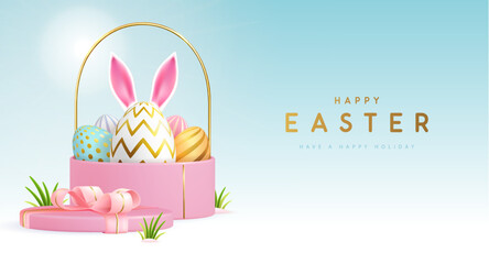 Happy Easter holiday background with gift box, basket, eggs and rabbit ears. Vector illustration - 772768204