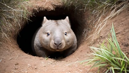 A Curious Wombat Peeking Into A Burrow