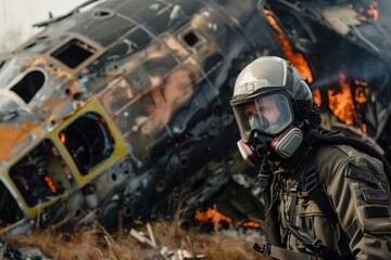 fire mask clad pilot near extinguished plane wreck