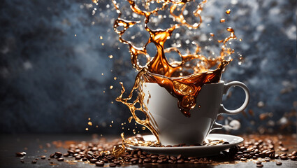 A cup of coffee, its contents spilling out in a dramatic, cascading splash