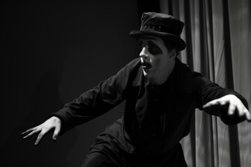 mime artist in black and white, invisible box act - obrazy, fototapety, plakaty