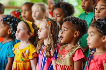 diverse kids in colorful outfits singing in a multicultural festival
