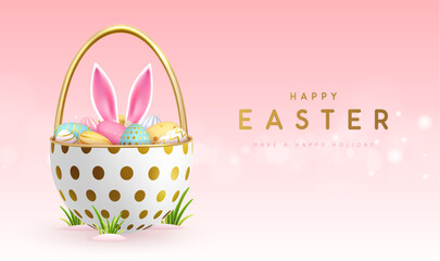 Happy Easter holiday background with basket, easter eggs and rabbit ears inside. Vector illustration - 772768440