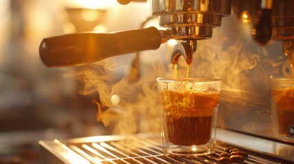Espresso streams into glass at sunrise.