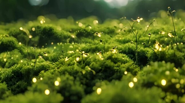 dark green moss with fireflies