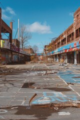 A vacant city square surrounded by abandoned storefronts, with empty sidewalks, cracked pavement, and the faded remnants of graffiti adorning the walls of deserted buildings, Generative AI